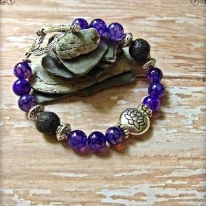 Purple Agate Lava Stone & Lotus Flower Bracelet